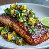 Juicy baked salmon topped with colorful mango avocado salsa, perfect healthy dinner.  