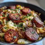 Flavorful one-pan cabbage and sausage dinner with caramelized onions and fresh parsley.  
