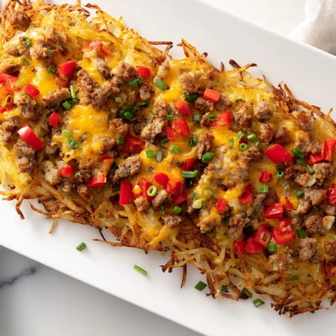 Golden-brown Quick Christmas Morning Hash Brown Bake, bubbling with melted cheese, perfect for a cozy brunch.