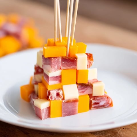 A visually stunning Checkerboard Chalet appetizer featuring cheese, meats, and a charming chalet built from cubes.