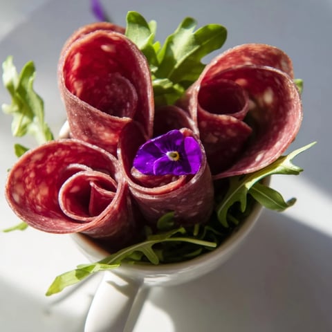 Victorian Tea Rose appetizer: beautifully arranged salami and pepperoni roses nestled in delicate teacups, ready to eat.