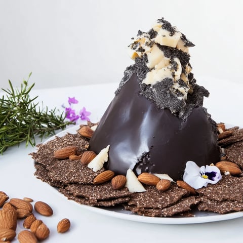 Dramatic cheese platter, the Obsidian Peak, featuring black wax cheddar and charcoal almonds.