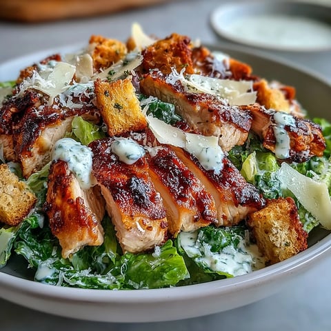 Juicy grilled chicken rests on crisp romaine lettuce in this Caesar Chicken Bowl, topped with crunchy croutons, shaved parmesan, and creamy Caesar dressing.