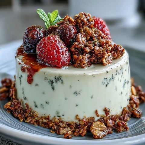 Creamy Hojicha Panna Cotta Parfait layered with fresh berries and crunchy granola in a glass.