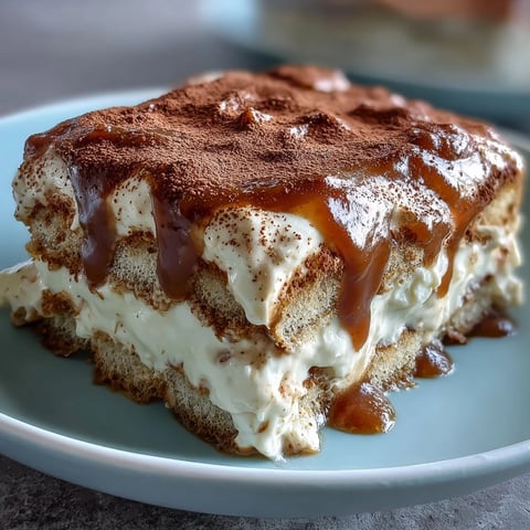 The finished Hojicha Tiramisu dusted with cocoa powder, revealing layered mascarpone cream and soaked ladyfingers.