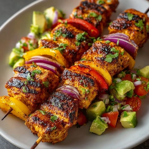 Close-up of vibrant Spiced Grilled Chicken Skewers with Avocado Salsa, ready for summer grilling.