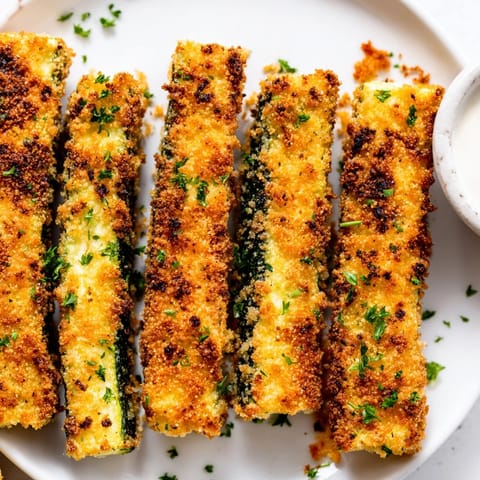 Crispy Cheesy Cajun Zucchini Sticks: close-up shows textured breading, fresh parsley garnish.