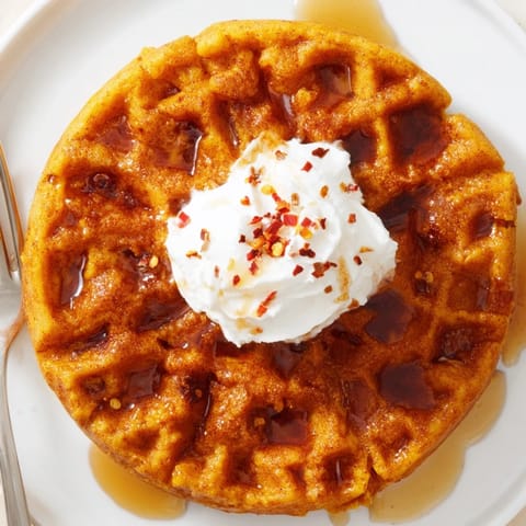Delicious golden brown waffles infused with pumpkin and autumn spices for brunch.  