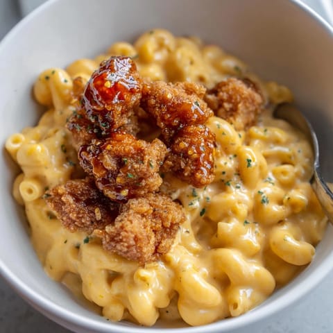 Indulge in velvety mac and cheese loaded with honey pepper chicken flavors.  