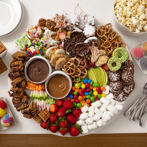 Festive dessert board with assorted cookies, candies, and delicious dips for sharing.  