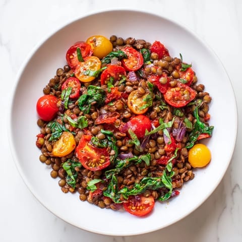 A close-up of a colorful Lentil-Tomato Skillet, showcasing juicy tomatoes and tender, flavorful lentils.