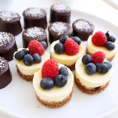 These tempting Mini Dessert Bites Trio showcase perfectly arranged cheesecakes, chocolate tarts, and lemon tarts on a plate.