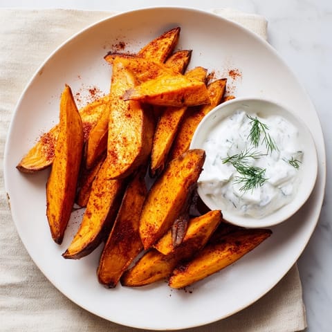 Close-up of baked sweet potato wedges, showing spice-covered edges, alongside creamy yogurt dip.