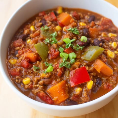 A close-up shot of rich veggie chili, showcasing the vibrant colors of beans and vegetables.