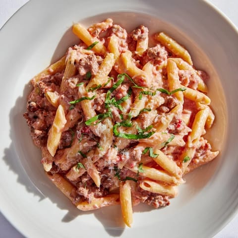This Creamy Tomato and Sausage Pasta shows a delicious, creamy tomato sauce coating the pasta and sausage.