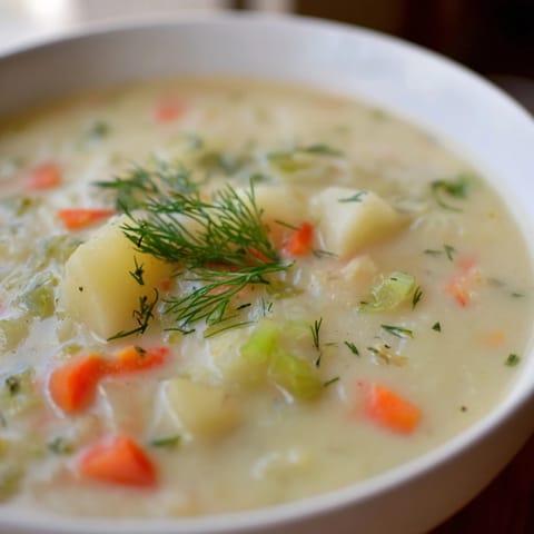 Vibrant photo of creamy dill pickle soup, showcasing the richness with fresh dill garnish.
