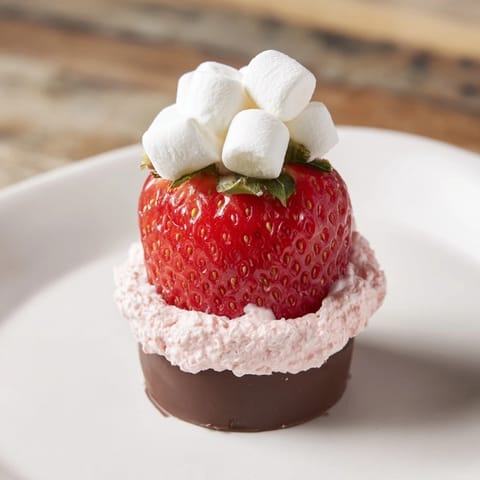 Bright red Air Fryer Santa Hat Strawberries with creamy cheesecake filling and fluffy marshmallow tops, a holiday treat.