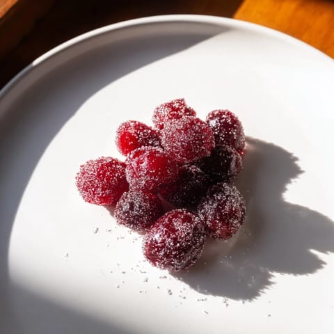 Sweet & tart vegan candied cranberries, drying on a rack offering visual interest with a red hue.