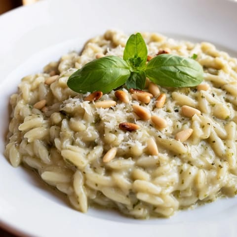 A vibrant close-up of the delicious 15-Minute Creamy Pesto Risoni, pasta glistening with pesto sauce.