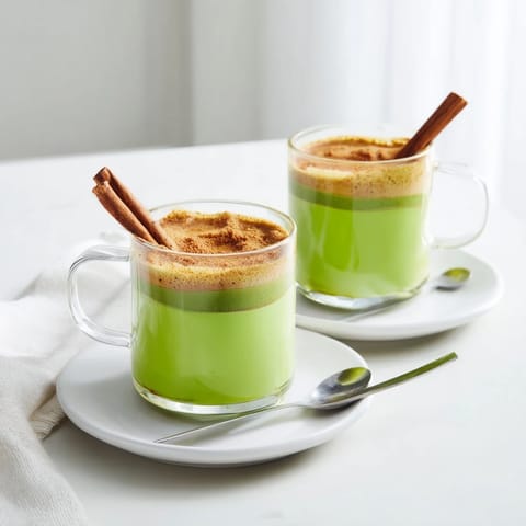 A vibrant photo of a frothy Maple Cinnamon Gingerbread Matcha Oat Latte, perfect for a cozy afternoon.