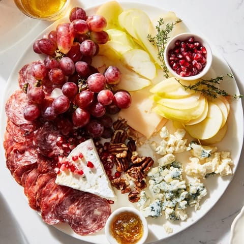 Jingle Bell Cheese Board—colorful and inviting with fresh fruit, cheeses, and charcuterie for guests.