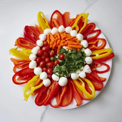 Festive Poinsettia Platter: A colorful holiday appetizer with vibrant red bell pepper petals, cheeses, and dips.