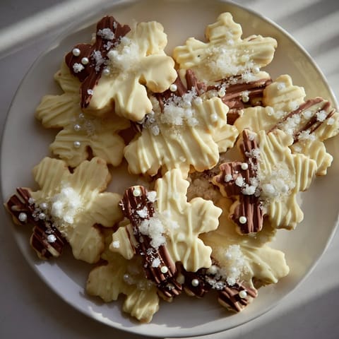 A close-up of beautifully decorated Winter Snowflake Platter cookies, dusted with powdered sugar.