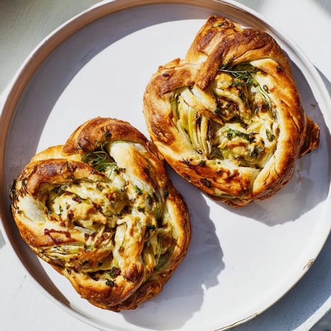 Tender, flaky Cœurs Entrelacés pastries, baked until golden, with visible roasted red pepper filling.