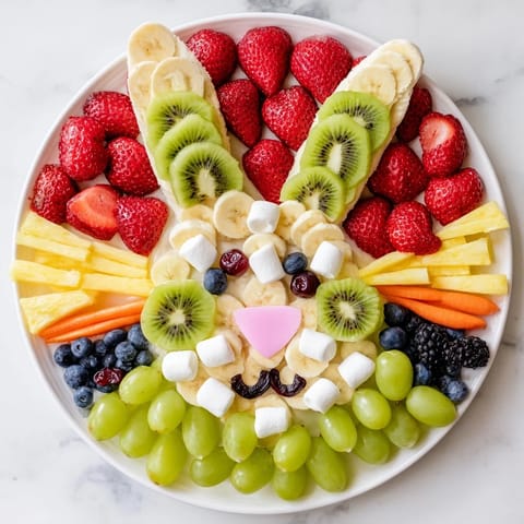 Vibrant Bunny Face Fruit Salad Platter features strawberries, kiwi, and grapes arranged playfully for a brunch treat.