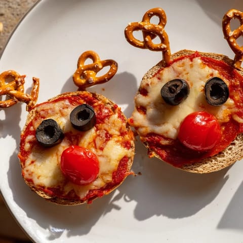 Melting mozzarella covers the bubbly Reindeer Face Pizza Bagels with bright red cherry tomato noses.