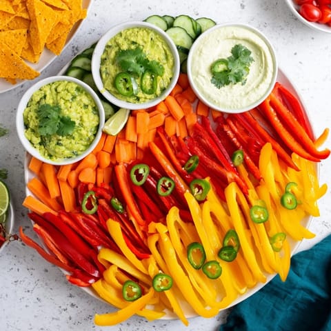 A close-up of a festive Spicy Chili Pepper Fiesta platter: bell peppers with guacamole, hummus, and chips.