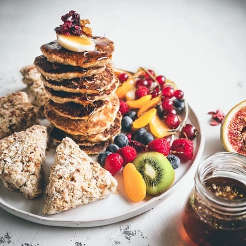 A delicious Breakfast Brunch Board Bliss, overflowing with fluffy pancakes, scones and ripe fruit ready to eat.