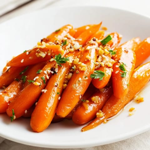 Golden-brown Honey Soy Roasted Carrots, tender and caramelized, ready to be served, a perfect side.