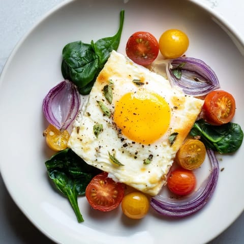 A close-up of baked feta eggs, a Mediterranean breakfast with soft yolks and flavorful toppings.