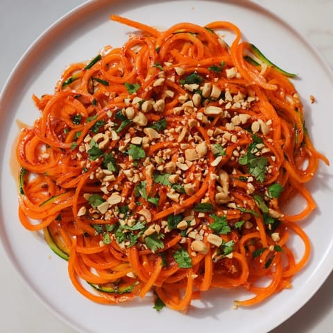 Zesty Spicy Cucumber Noodle Bowl with vibrant veggies and a glistening, flavorful sauce and peanuts.