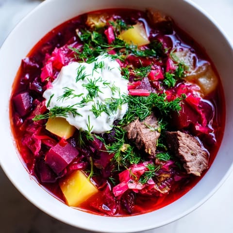 Steaming hot Ukrainian Borscht, a rich beet and beef soup, ready to be ladled and enjoyed.
