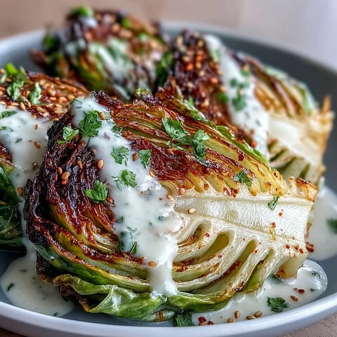 Wonderfully tender roasted cabbage wedges, perfect served with a rich, garlicky tahini drizzle.