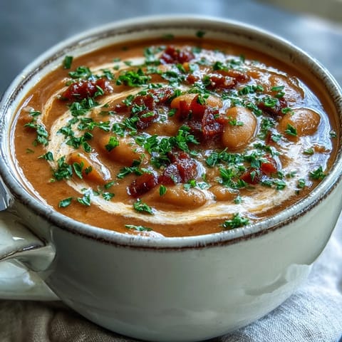 A close-up of White Bean Soup with Tomato, featuring a rich, velvety texture and garnished with fresh basil and paprika dusting.