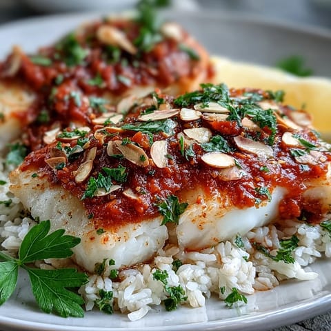 Zesty tomato sauce-baked cod fillets served on ginger rice, finished with toasted almonds and lemon wedges.