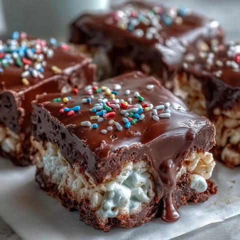 A close-up of Chocolate Covered Rice Krispy Treats with glossy chocolate coating and gooey marshmallow texture peeking through.