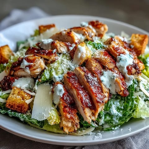 A close-up of a vibrant Caesar Chicken Bowl showing golden sliced chicken, fresh greens, and generous drizzles of dressing for a satisfying meal.