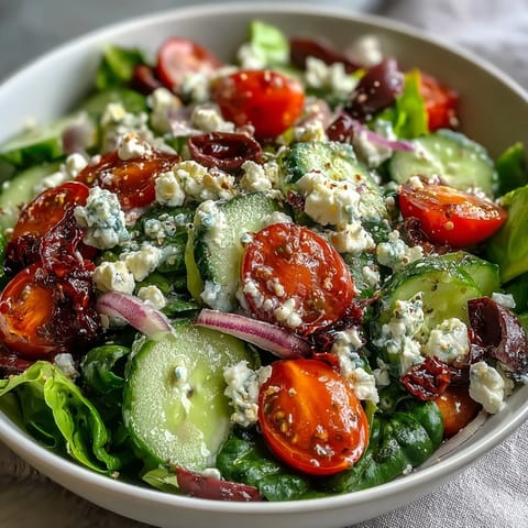 A vibrant Mediterranean Green Salad Bowl tossed with red onion slices and a homemade oregano vinaigrette, ready for a light lunch or healthy side.  