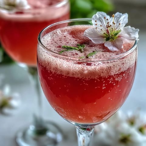 Champagne flutes filled with bright pink Elderflower Guava Mimosa garnished with edible flowers for a fancy brunch.