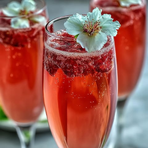 Close-up of Elderflower Guava Mimosa, blending floral elderflower liqueur and tropical guava nectar, topped with crisp champagne.