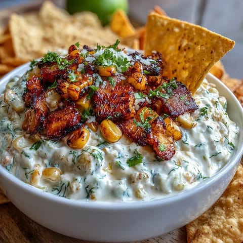Creamy elote dip with charred corn, cotija cheese, and lime, served with crispy tortilla chips for a zesty appetizer.