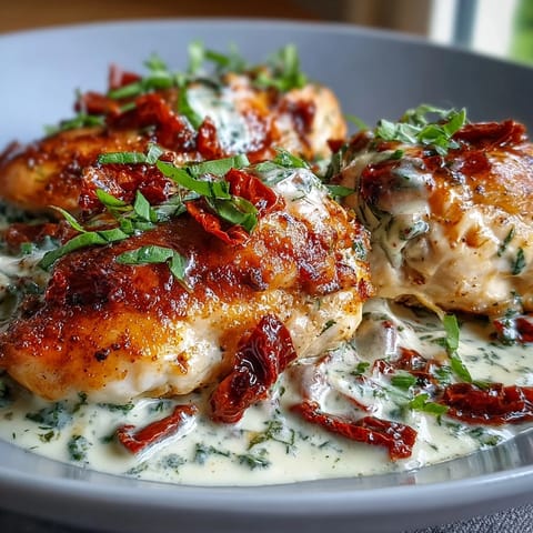 Golden-seared chicken breasts simmered in a velvety Parmesan cream sauce with sun-dried tomatoes and aromatic Italian herbs.