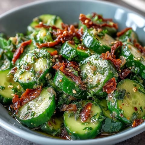 1. Smashed cucumber salad with garlic chili oil, crisp and refreshing, topped with sesame seeds and scallions.