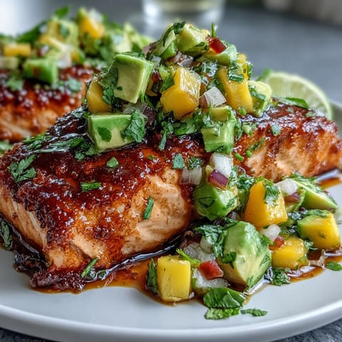 Baked salmon fillet with vibrant mango avocado salsa, fresh and zesty summer dish.  