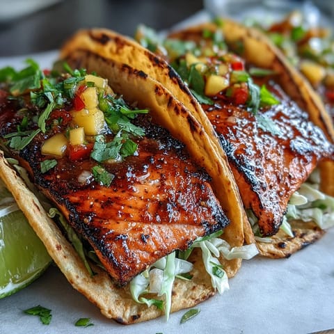 Grilled salmon tacos with mango salsa, vibrant and fresh, perfect for a summer meal.