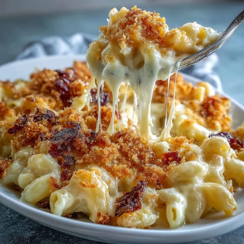Creamy mac and cheese bake with golden breadcrumb topping and bubbling cheddar sauce, baked until crisp and irresistible.